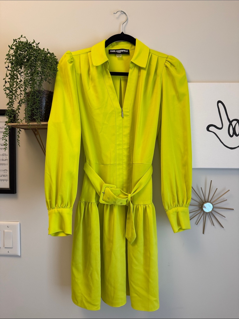 Karl Lagerfeld Neon Lime Yellow Long-Sleeve Belted Shirt Dress
